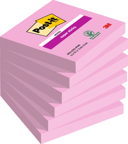 Post-it memoblokje  76X 76mm 654-6SS-PNK Super Sticky roze