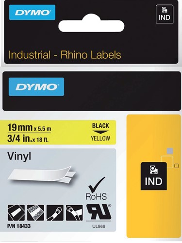 Dymotape Rhino Vinyl 19mm zwart op geel 18433